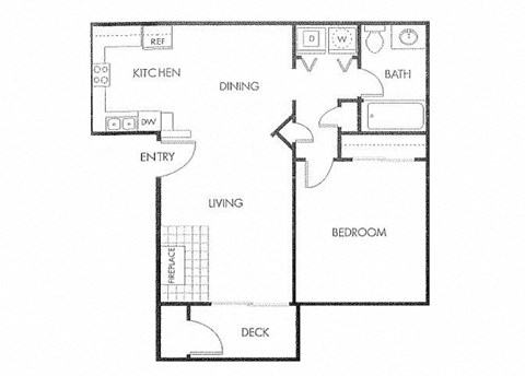 Floor plan for 1 bed, 1 bath, 658 sqft