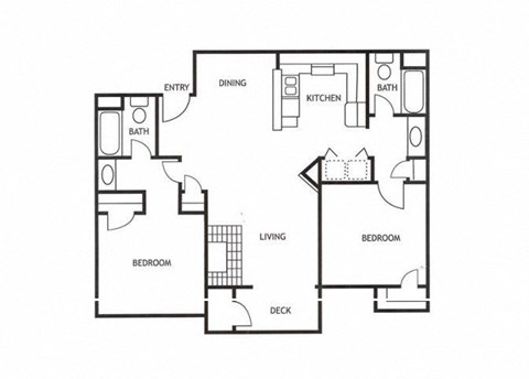 Floor plan for 2 beds, 2 baths, 935 sqft