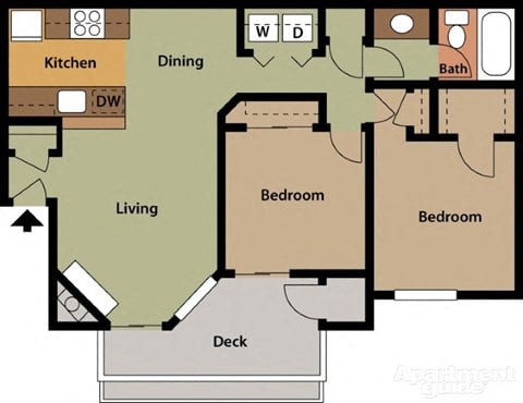 Floor plan for 2 beds, 1 bath, 878 sqft