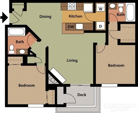 Floor plan for 2 beds, 2 baths, 963 sqft