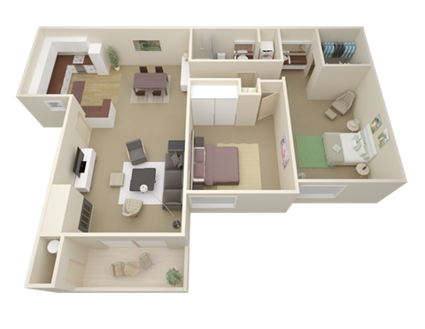 Floor plan for 2 beds, 1 bath, 821 sqft
