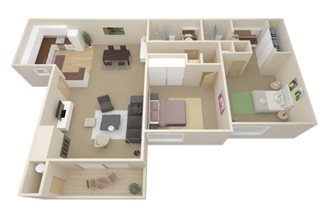 Floor plan for 2 beds, 2 baths, 890 sqft