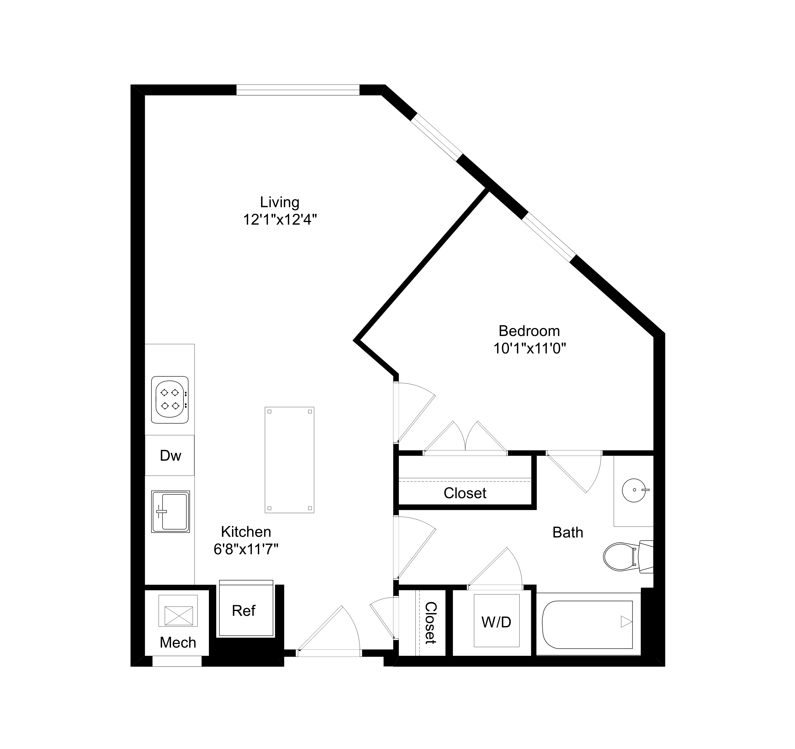 Floor plan for 1 bed, 1 bath, 604 sqft