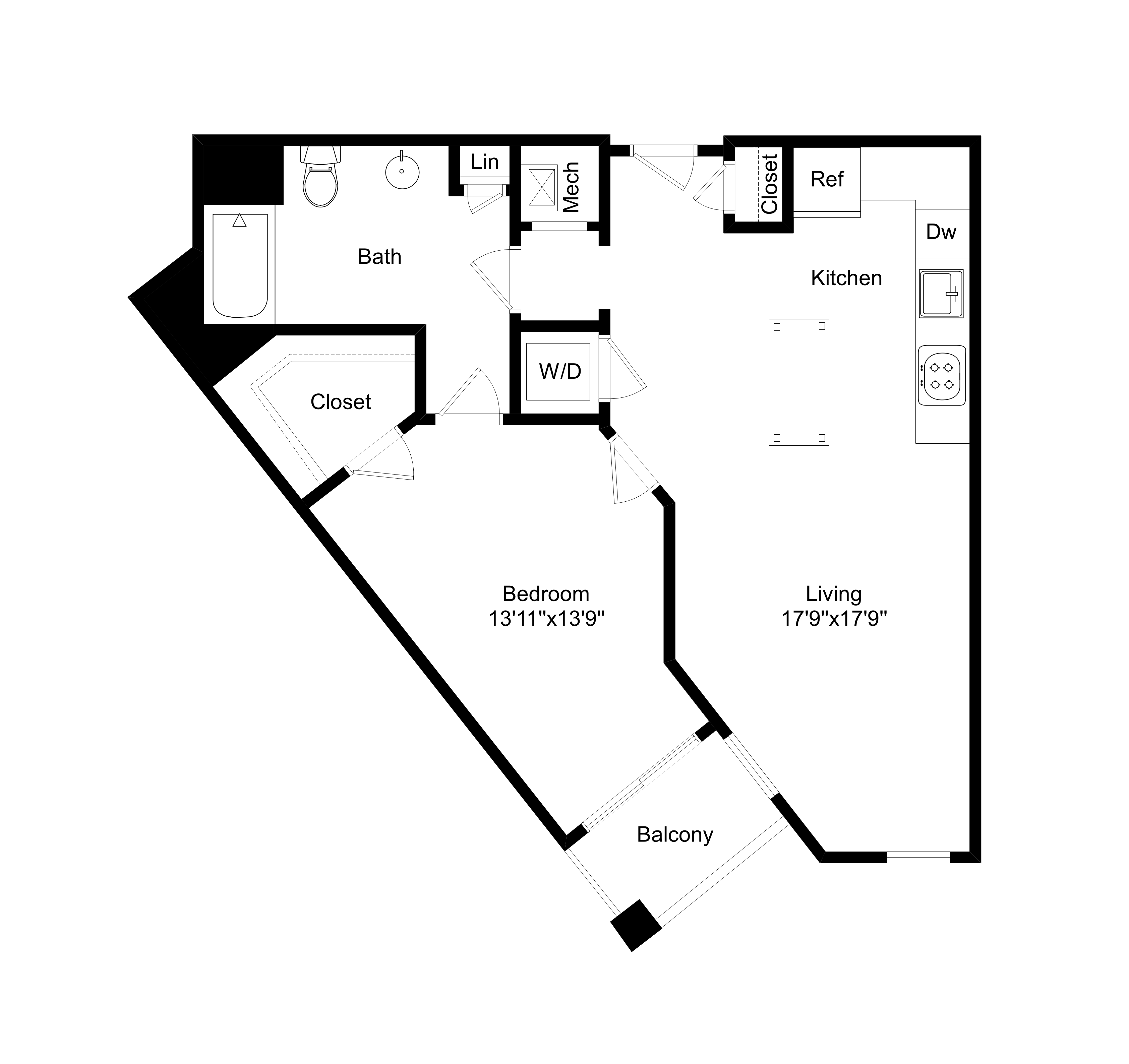 Floor plan for 1 bed, 1 bath, 735 sqft