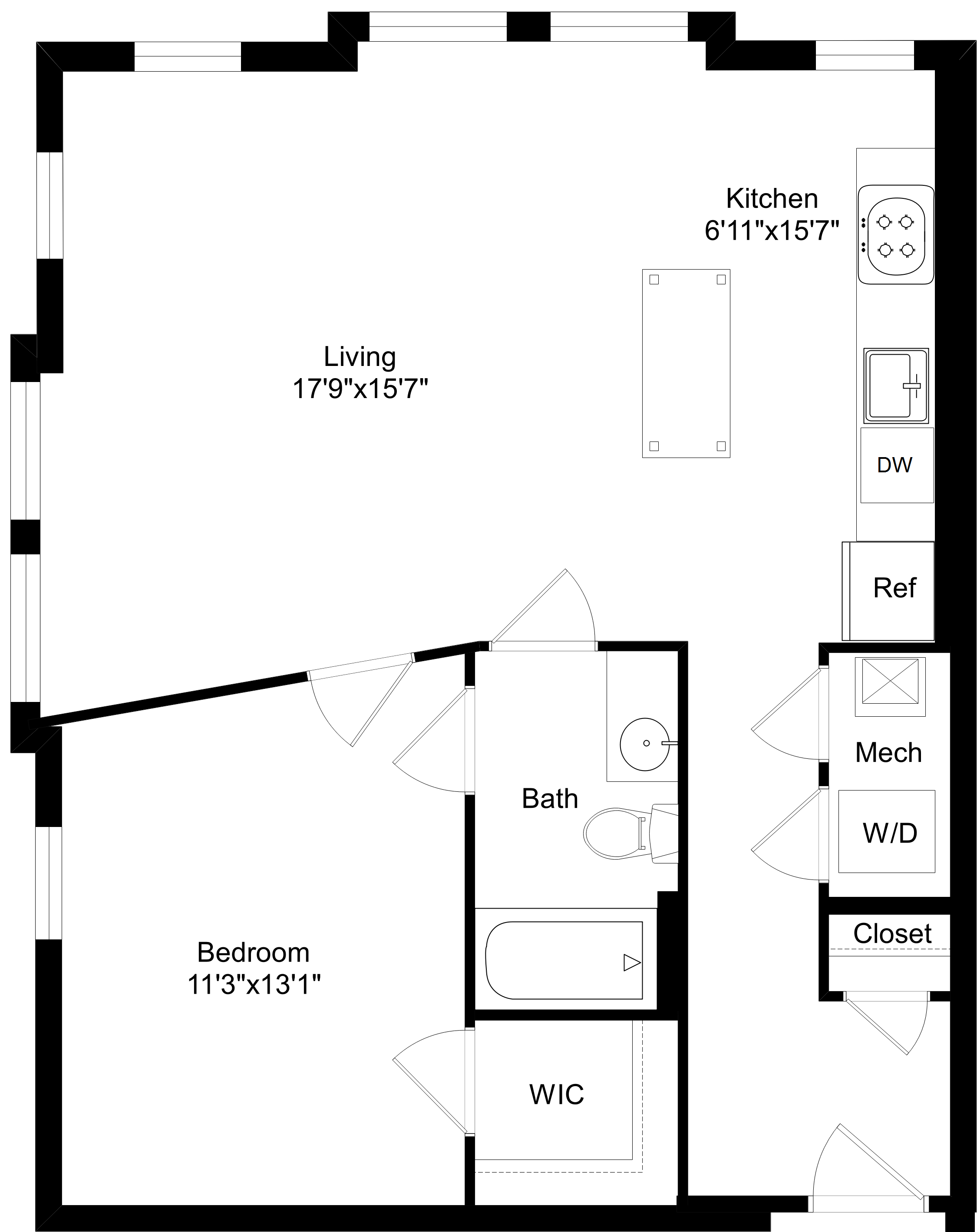 Floor plan for 1 bed, 1 bath, 770 sqft