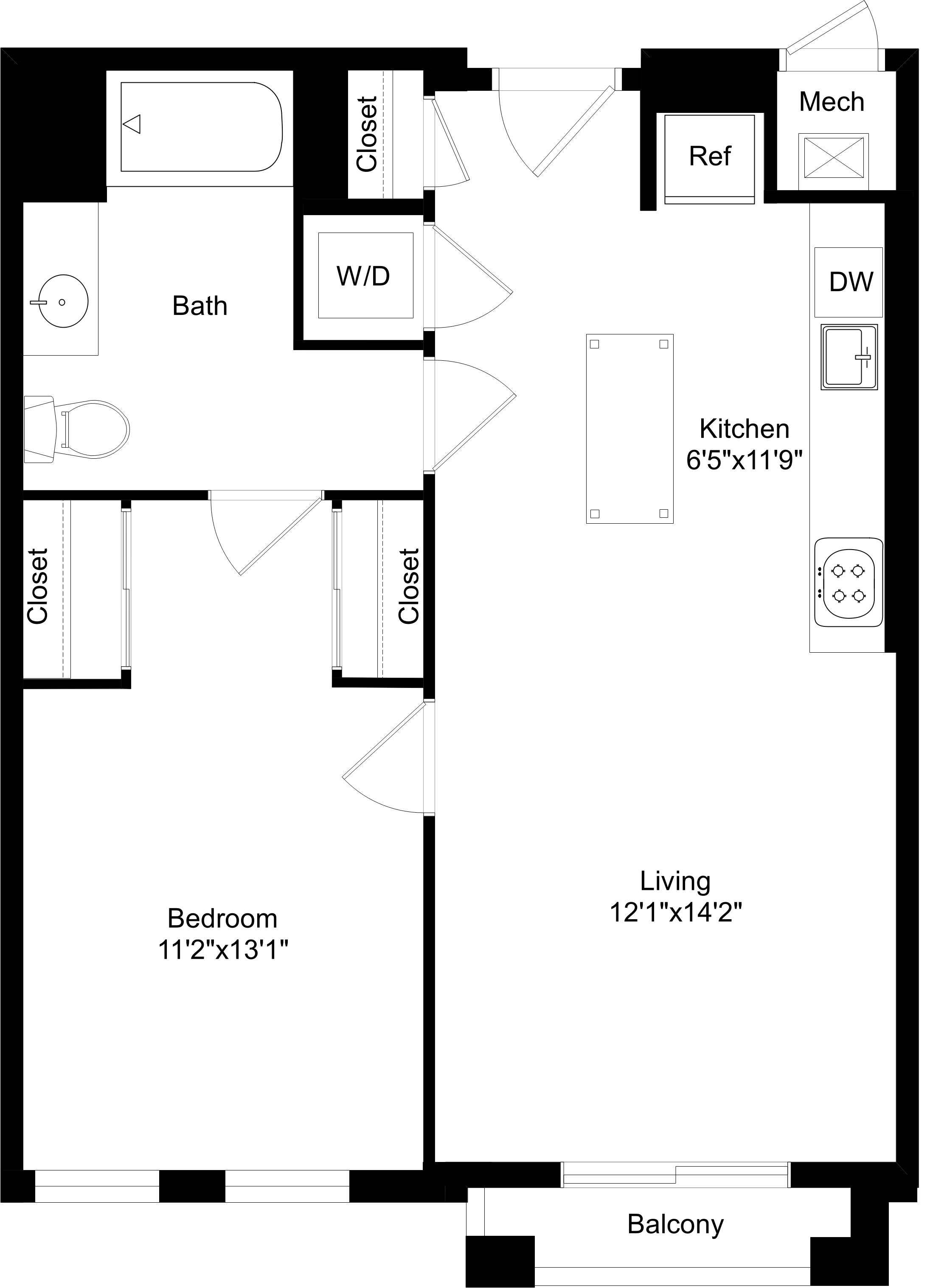Floor plan for 1 bed, 1 bath, 695 sqft