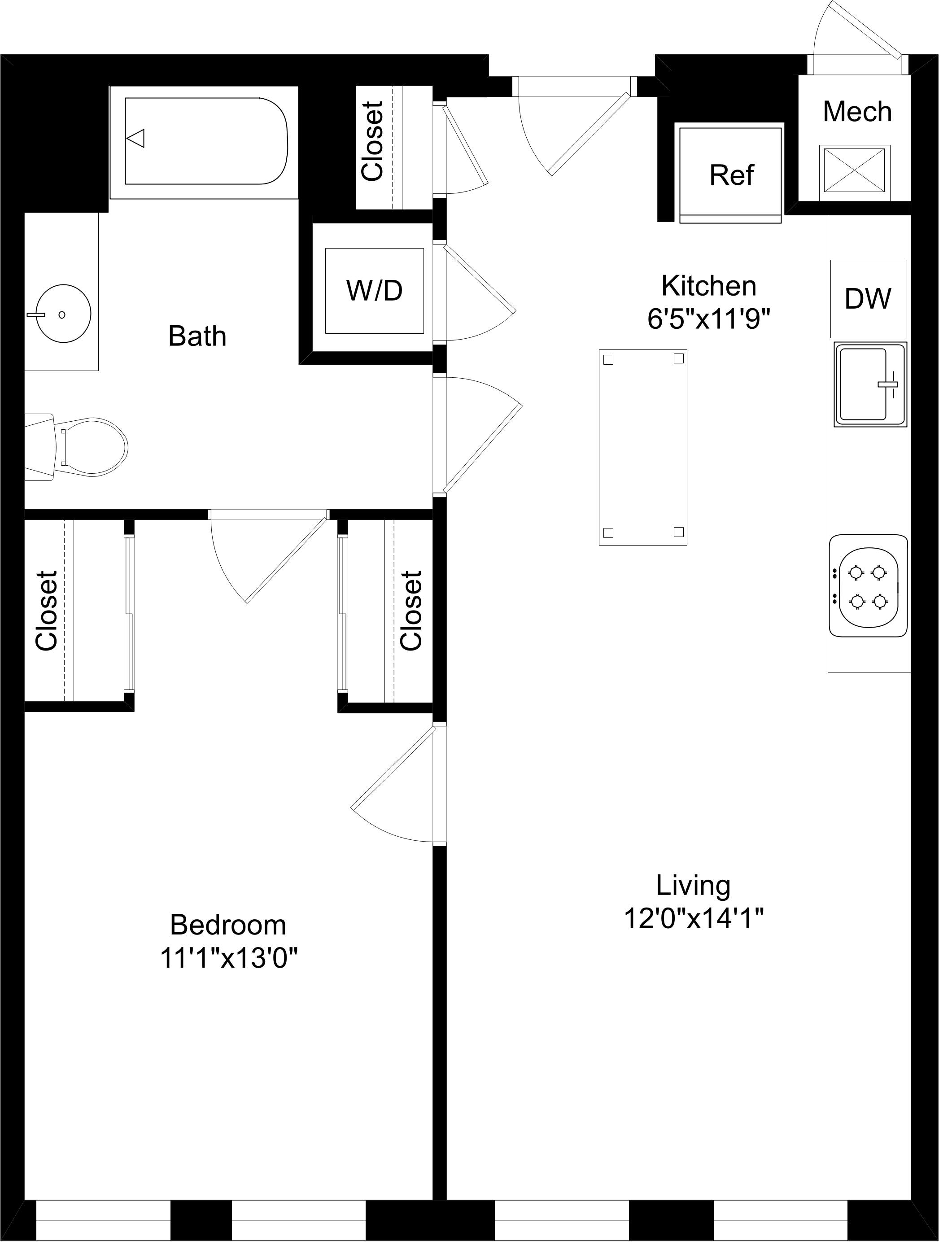 Floor plan for 1 bed, 1 bath, 646 sqft
