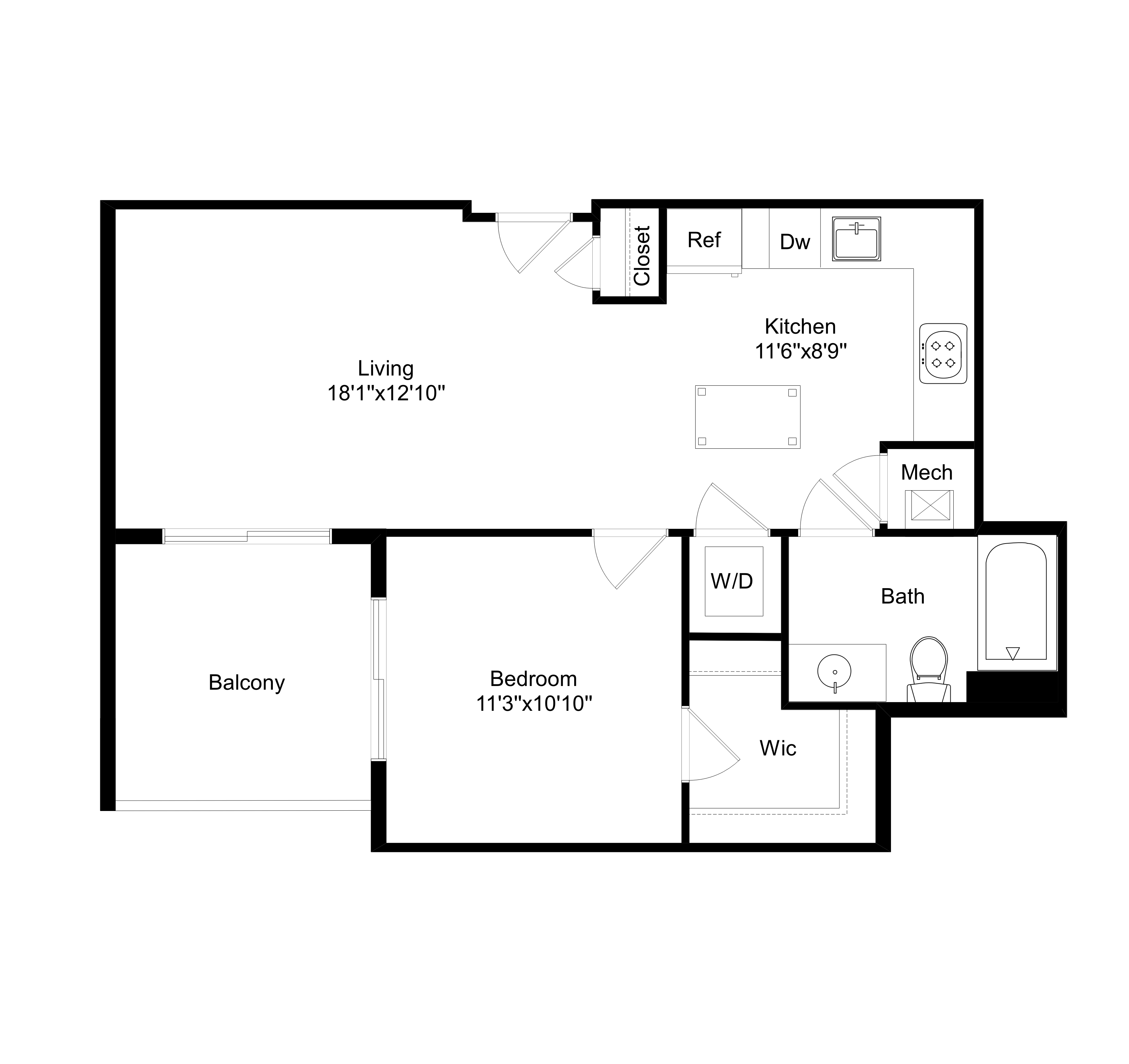 Floor plan for 1 bed, 1 bath, 672 sqft