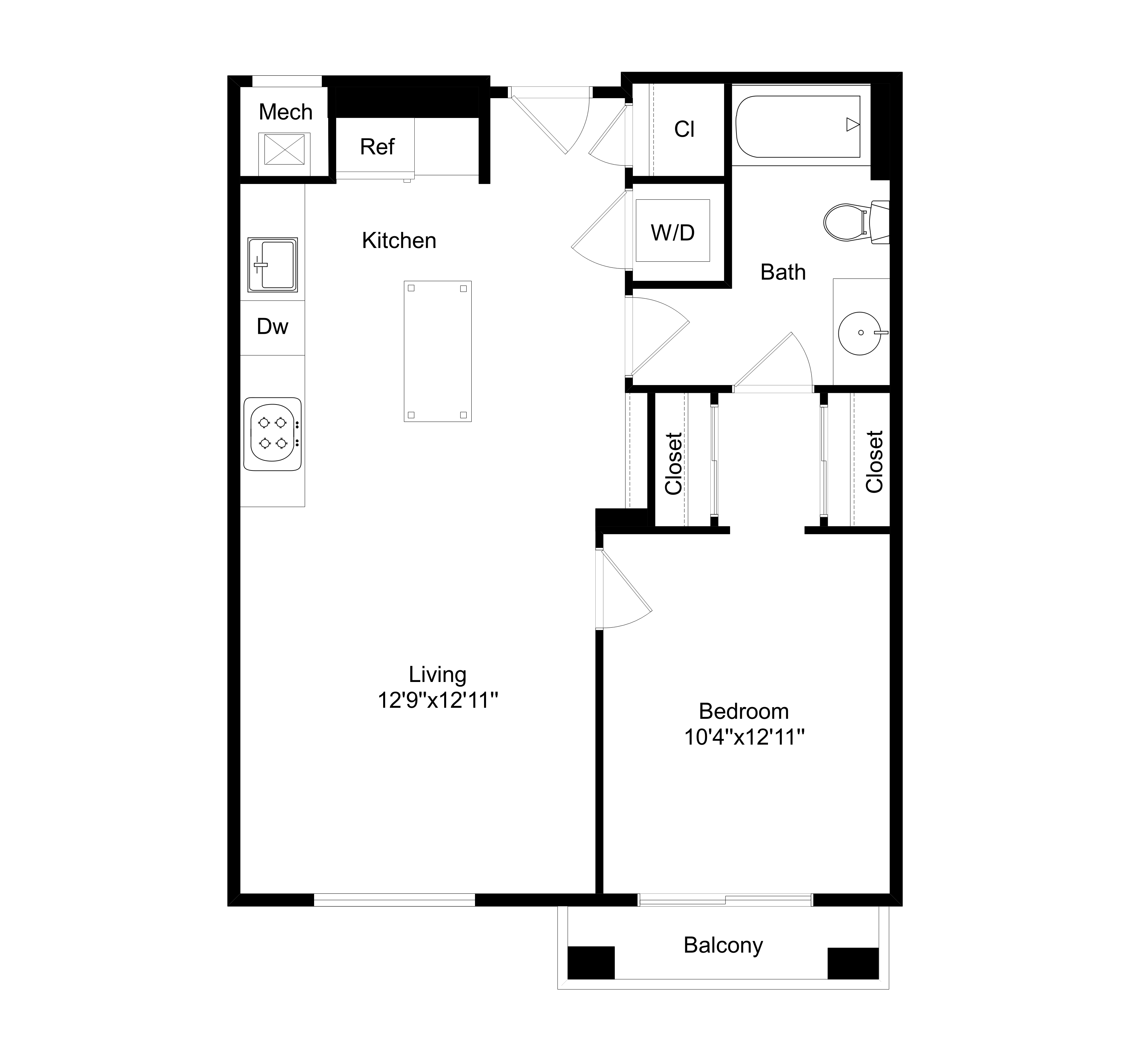 Floor plan for 1 bed, 1 bath, 695 sqft