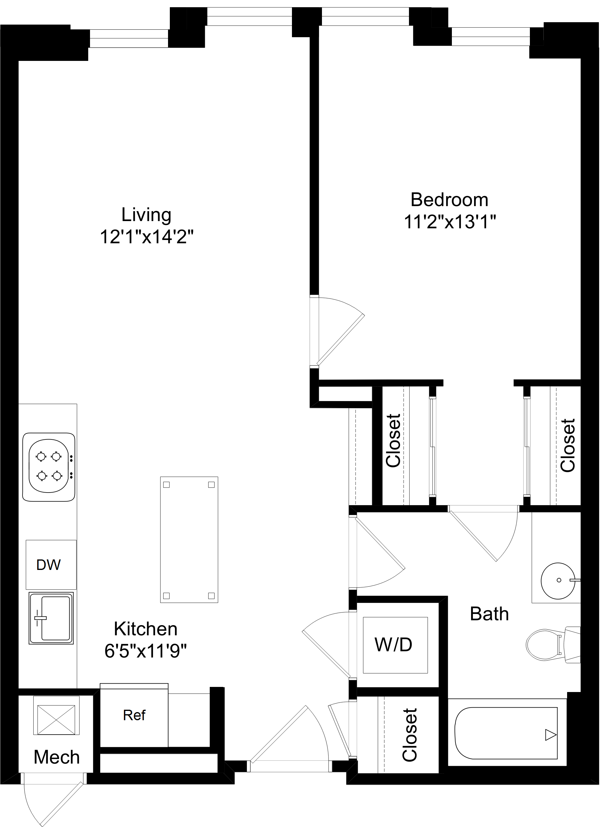 Floor plan for 1 bed, 1 bath, 702 sqft
