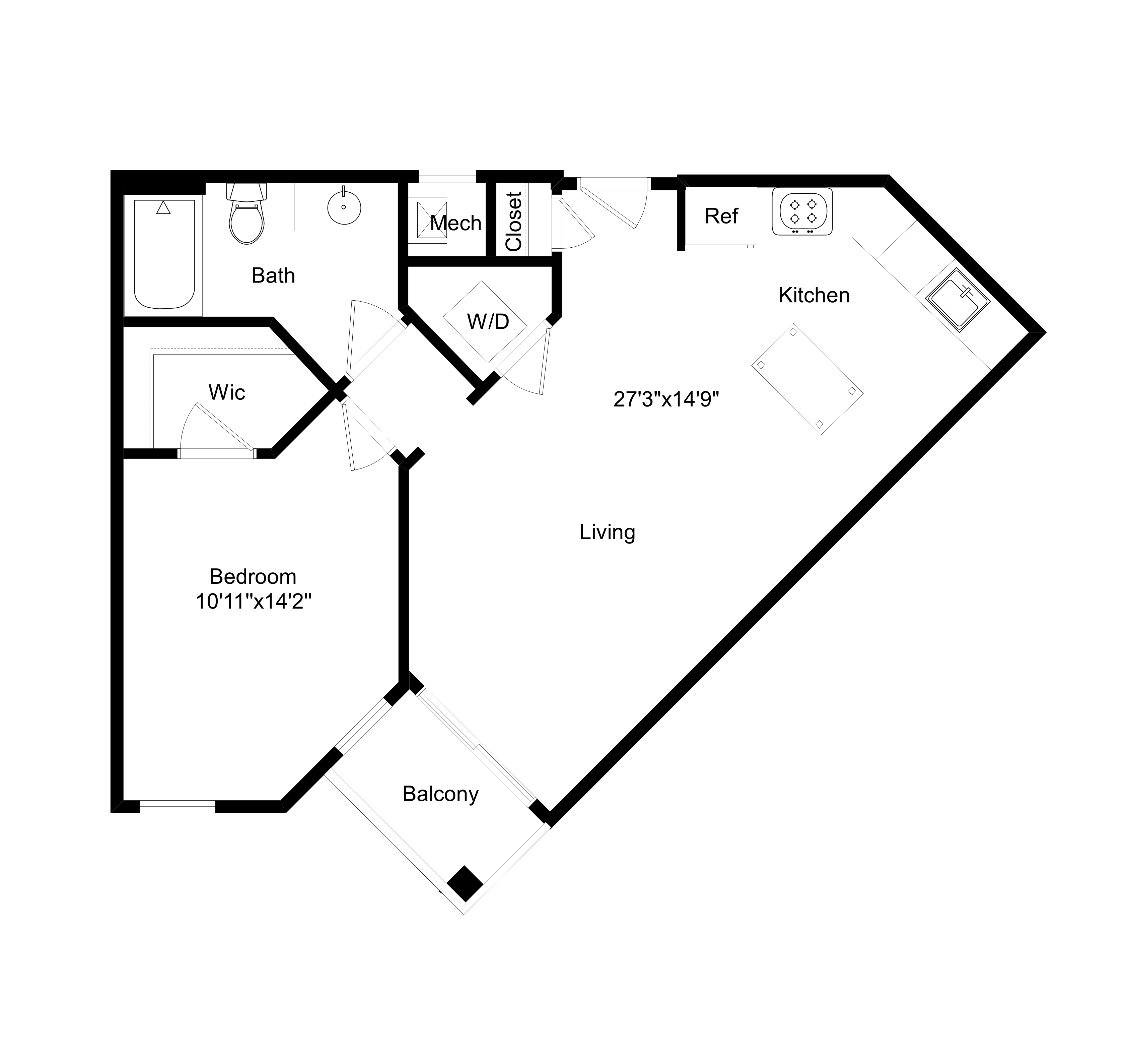 Floor plan for 1 bed, 1 bath, 712 sqft