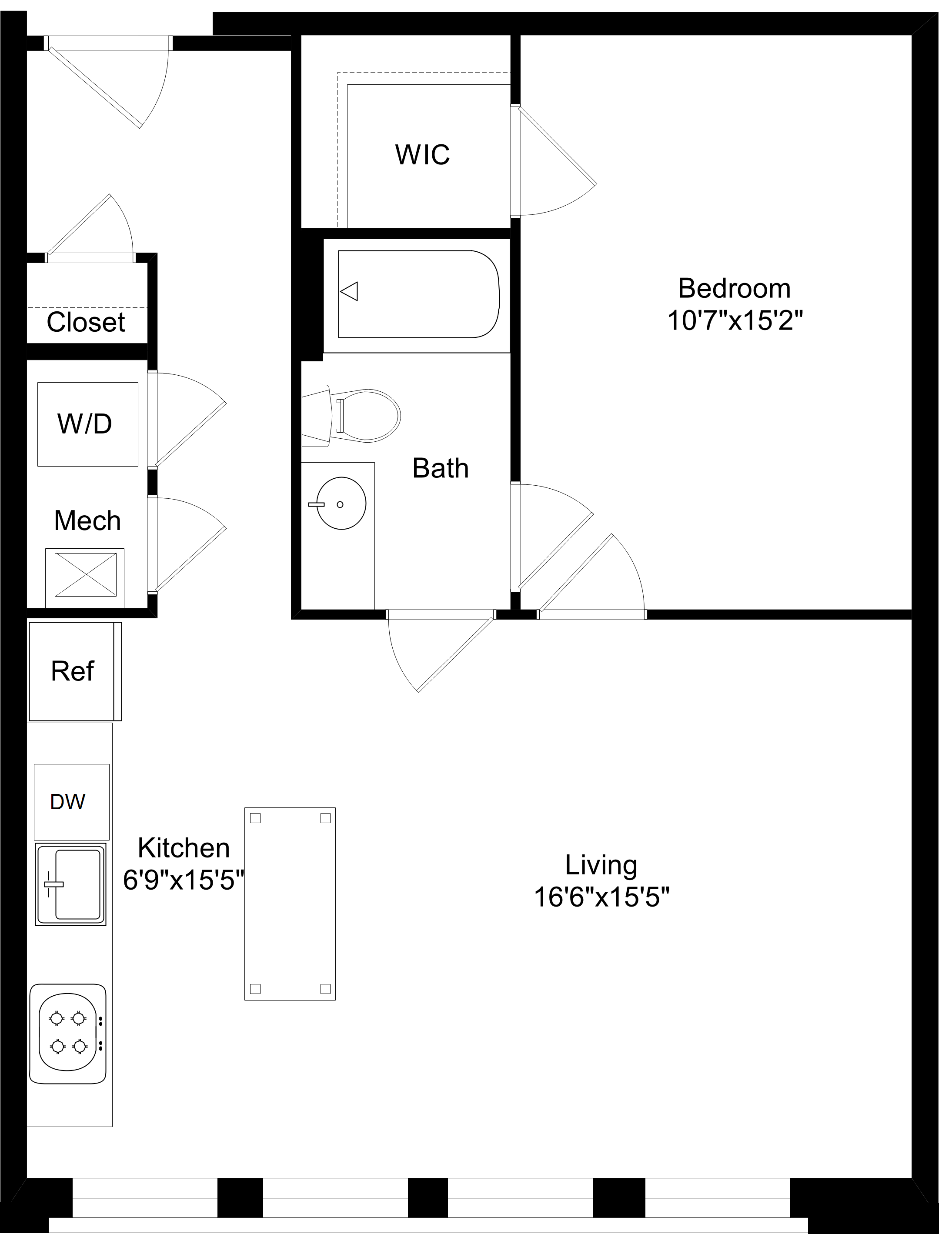 Floor plan for 1 bed, 1 bath, 733 sqft