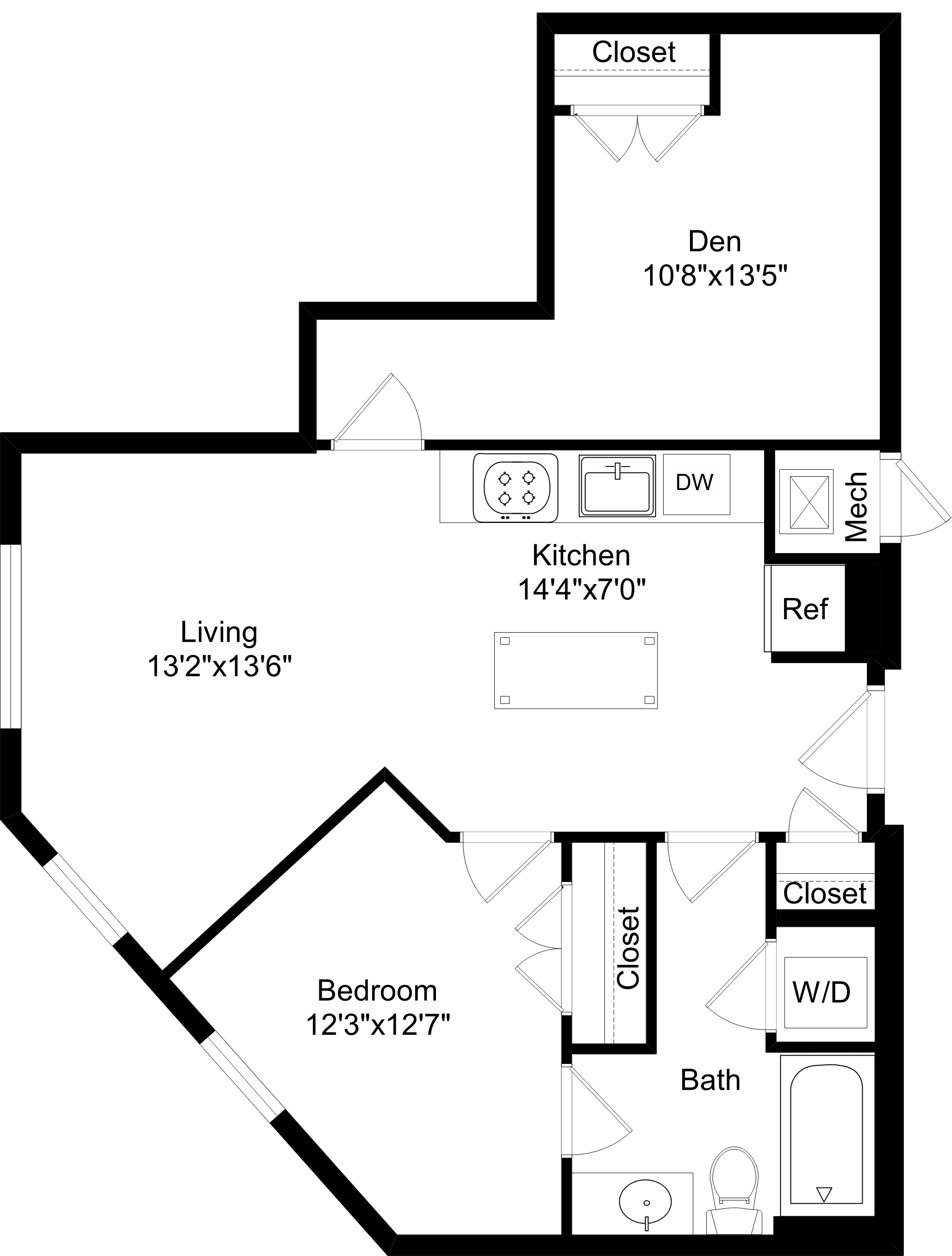 Floor plan for 1 bed, 1 bath, 774 sqft