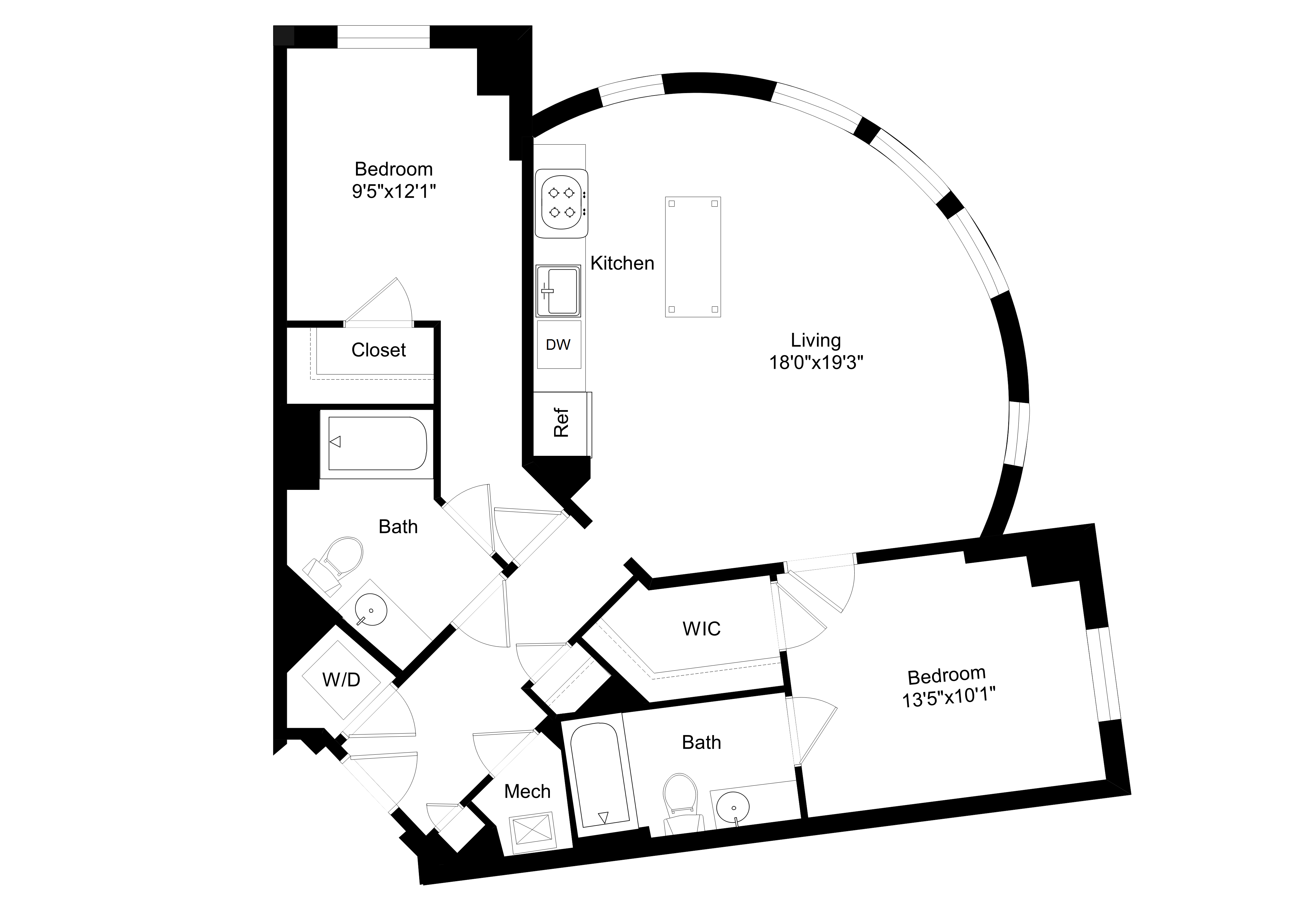 Floor plan for 2 beds, 2 baths, 985 sqft