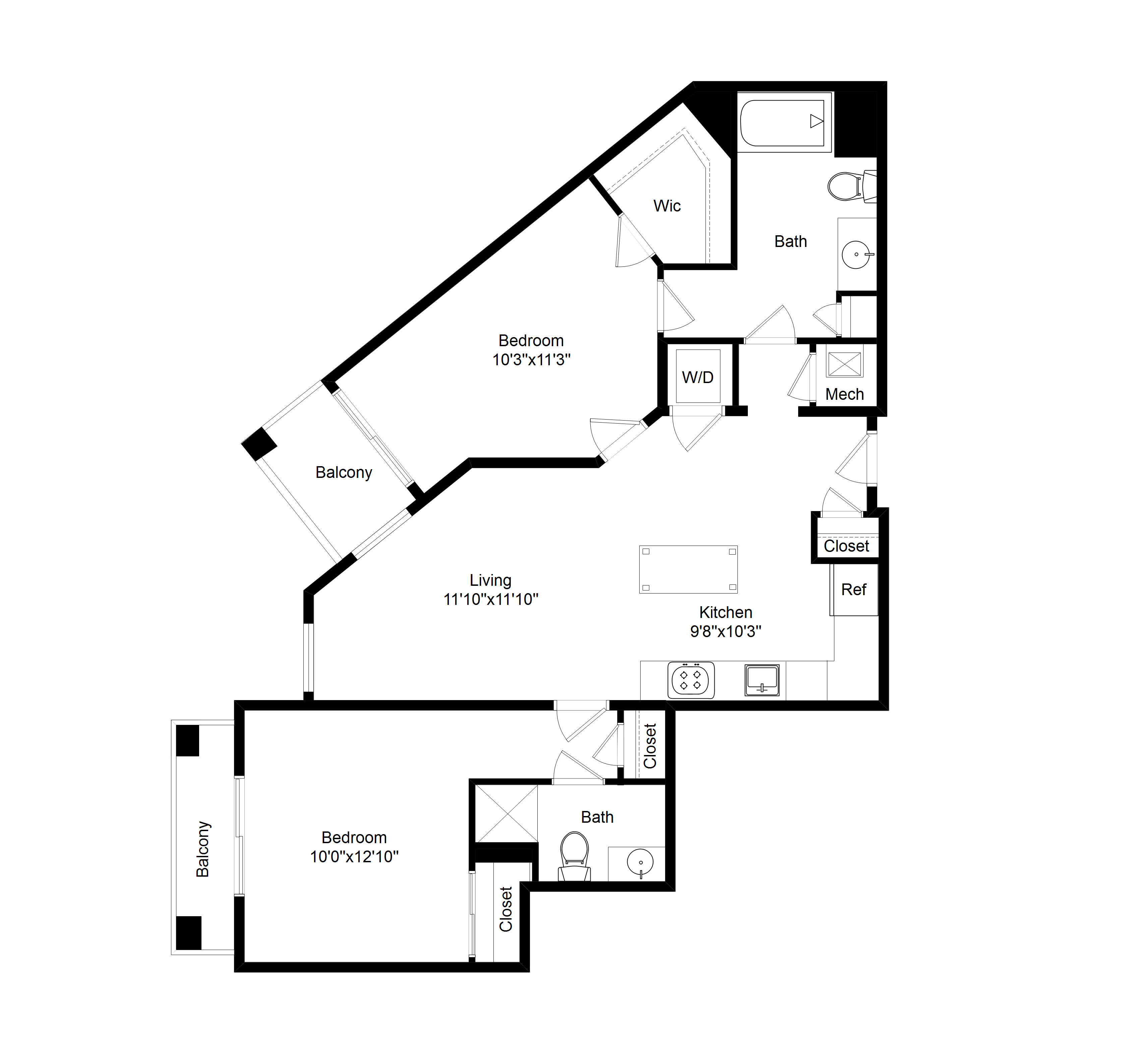 Floor plan for 2 beds, 2 baths, 987 sqft
