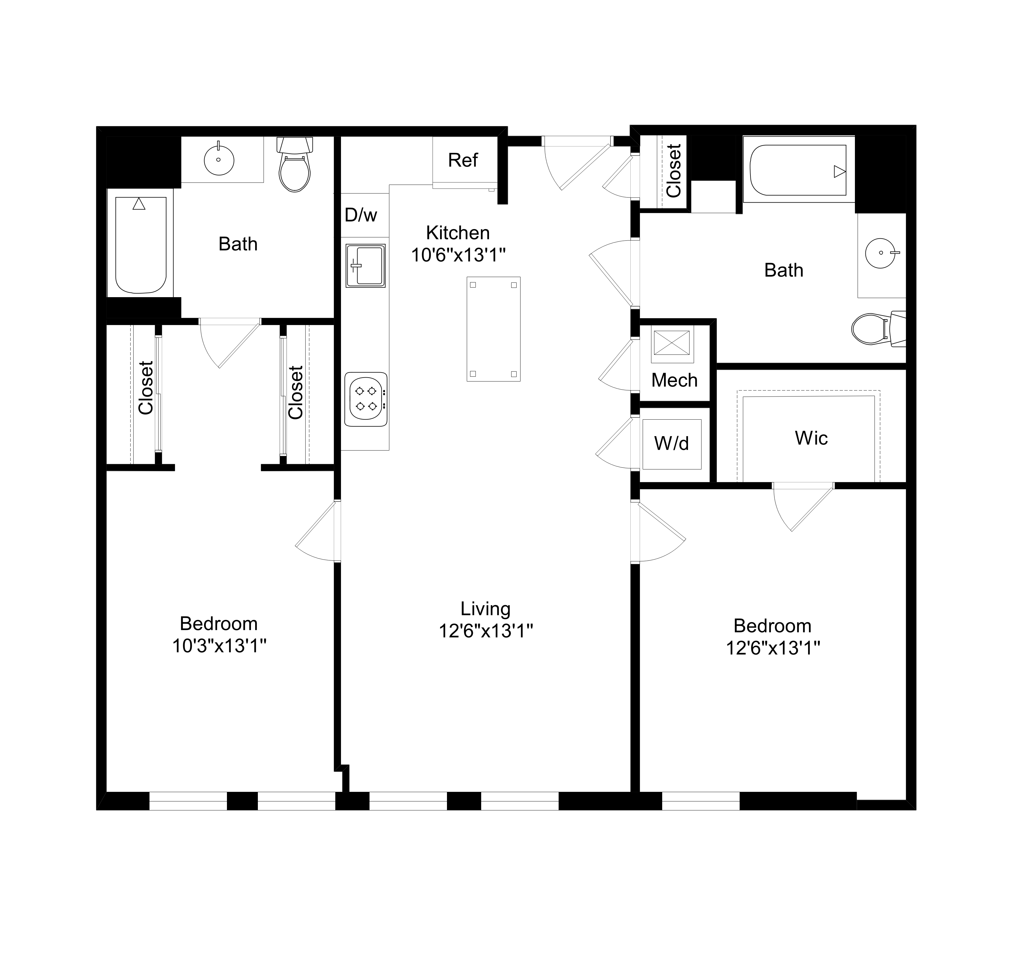 Floor plan for 2 beds, 2 baths, 1057 sqft