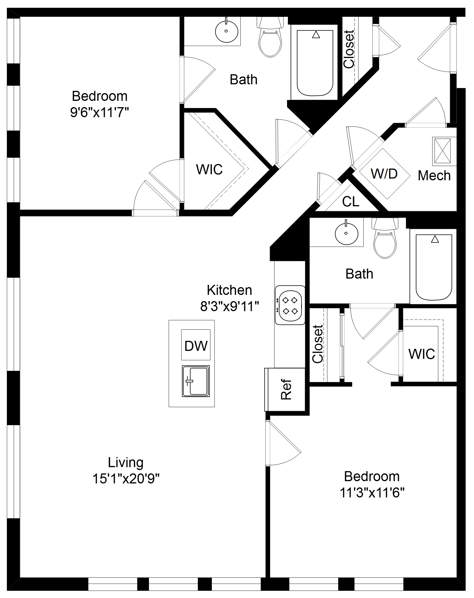 Floor plan for 2 beds, 2 baths, 1081 sqft