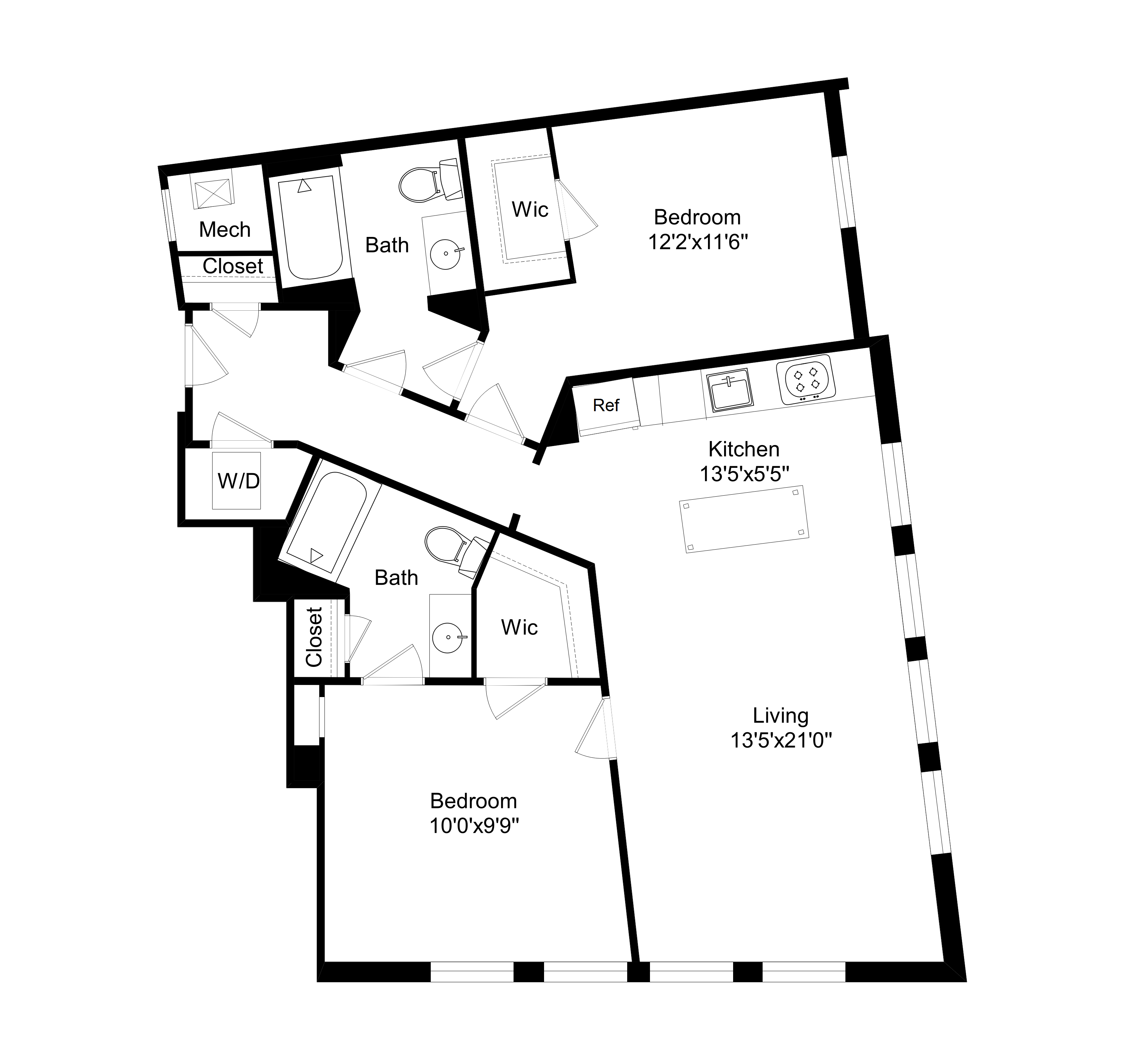 Floor plan for 2 beds, 2 baths, 1099 sqft