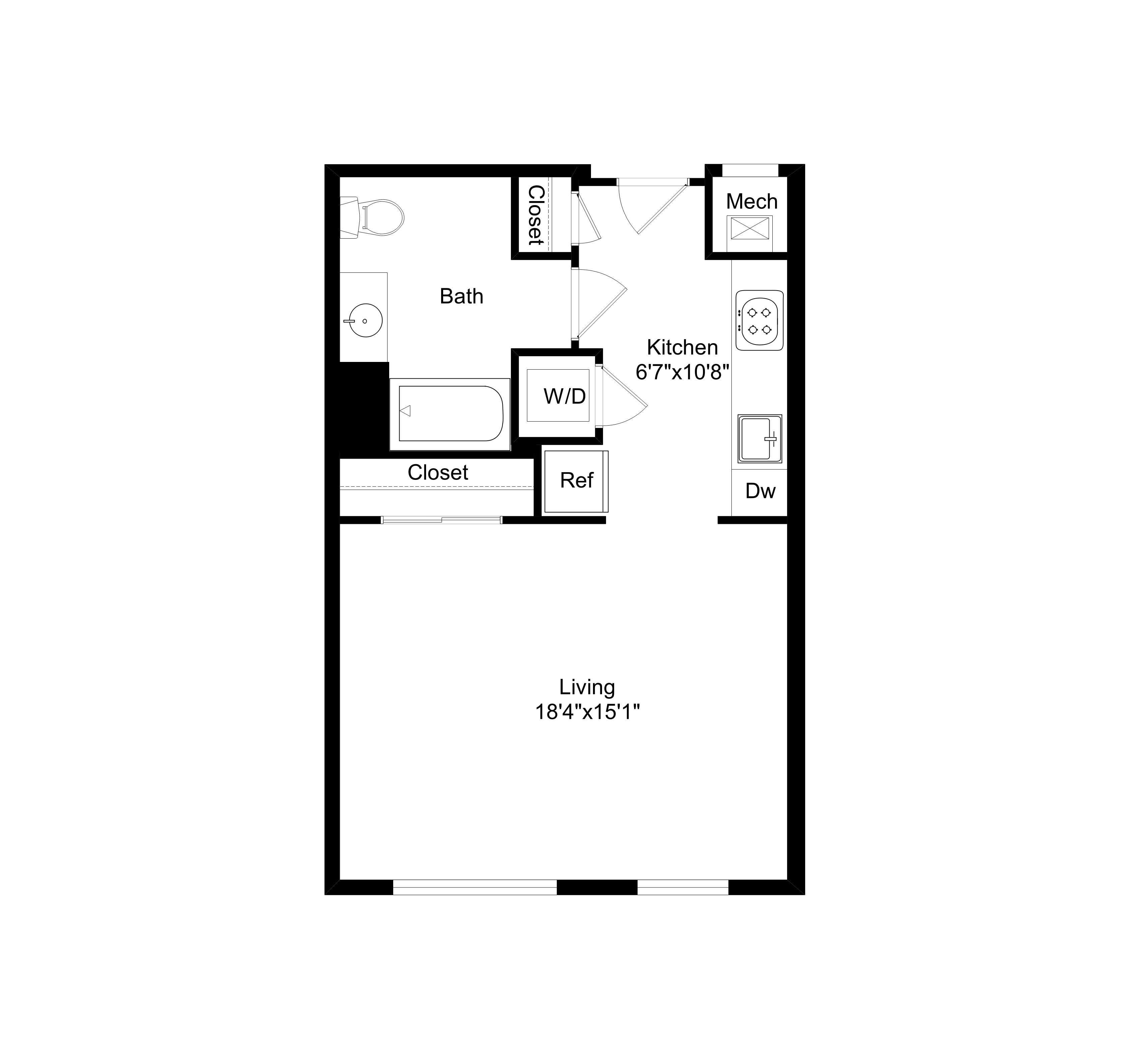 Floor plan for studio, 1 bath, 558 sqft