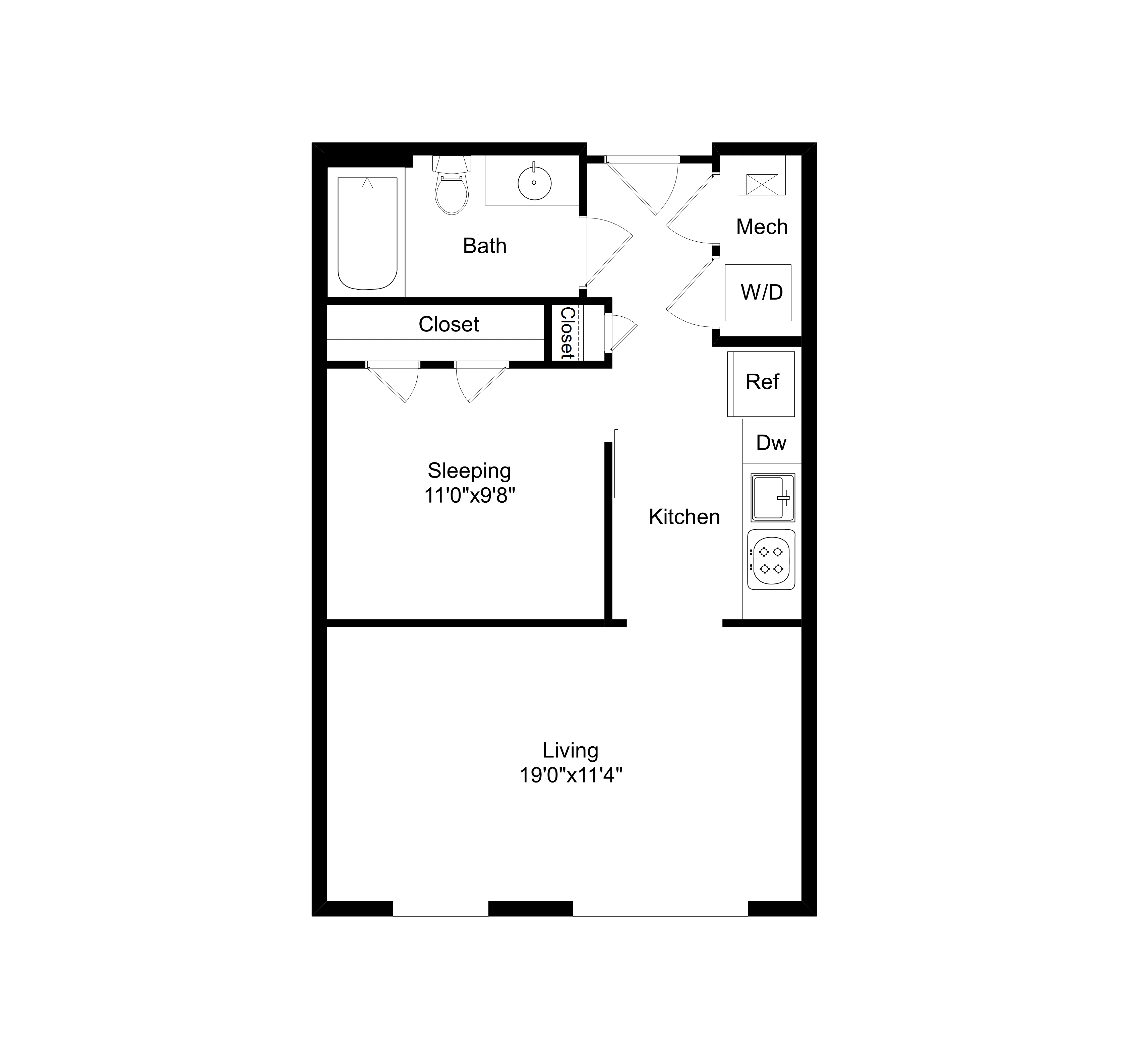 Floor plan for studio, 1 bath, 558 sqft