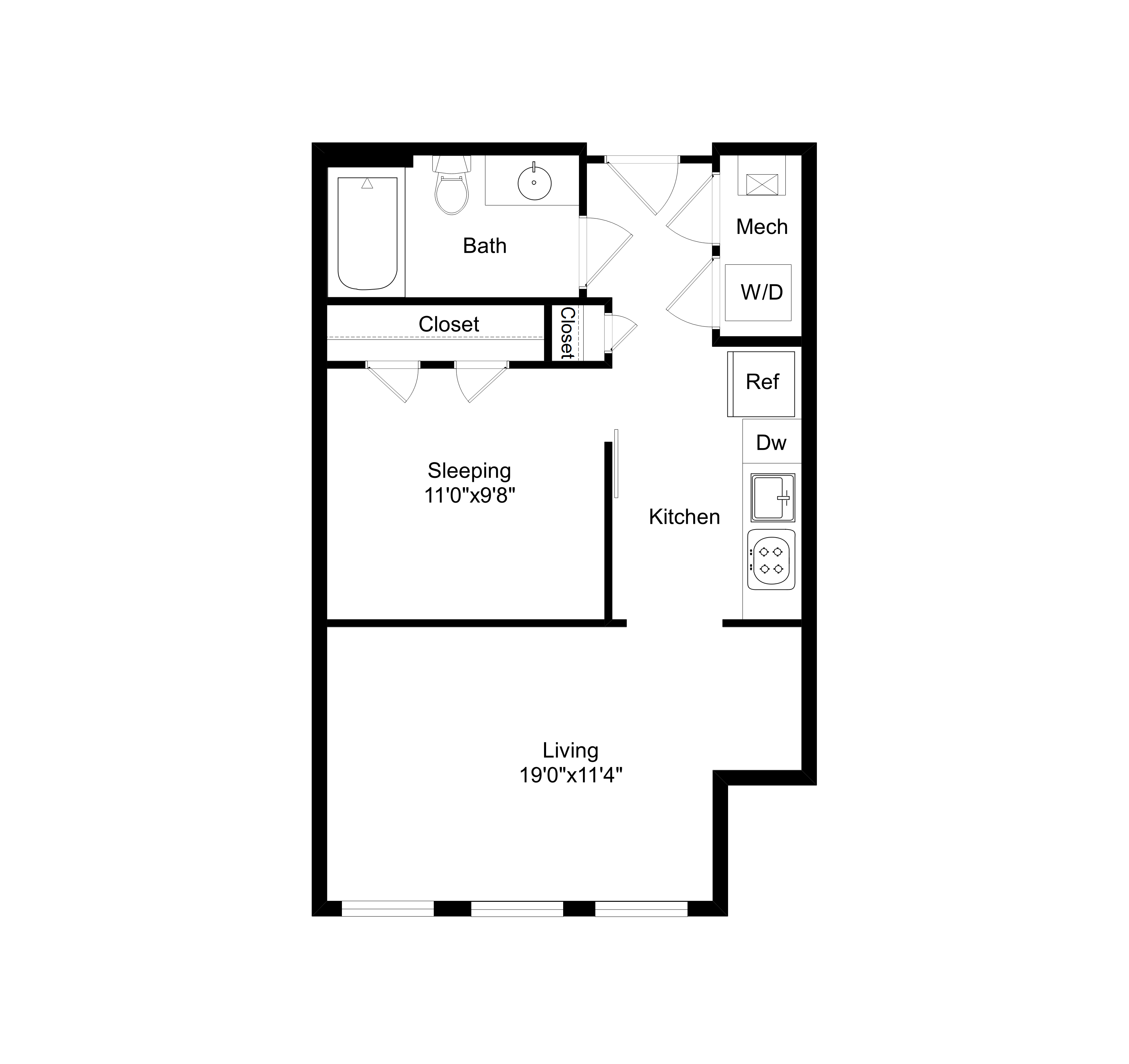 Floor plan for studio, 1 bath, 559 sqft