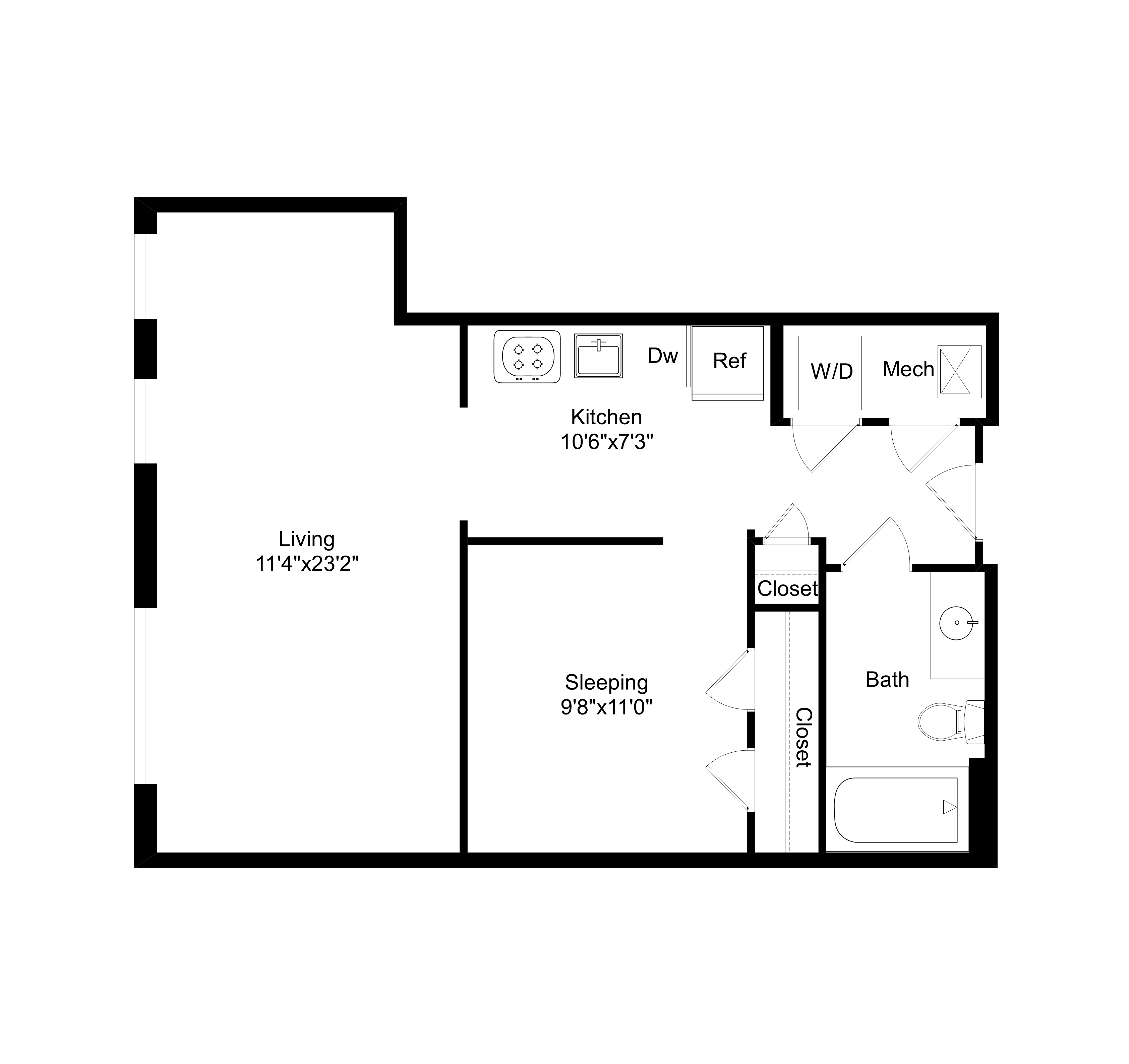 Floor plan for studio, 1 bath, 596 sqft