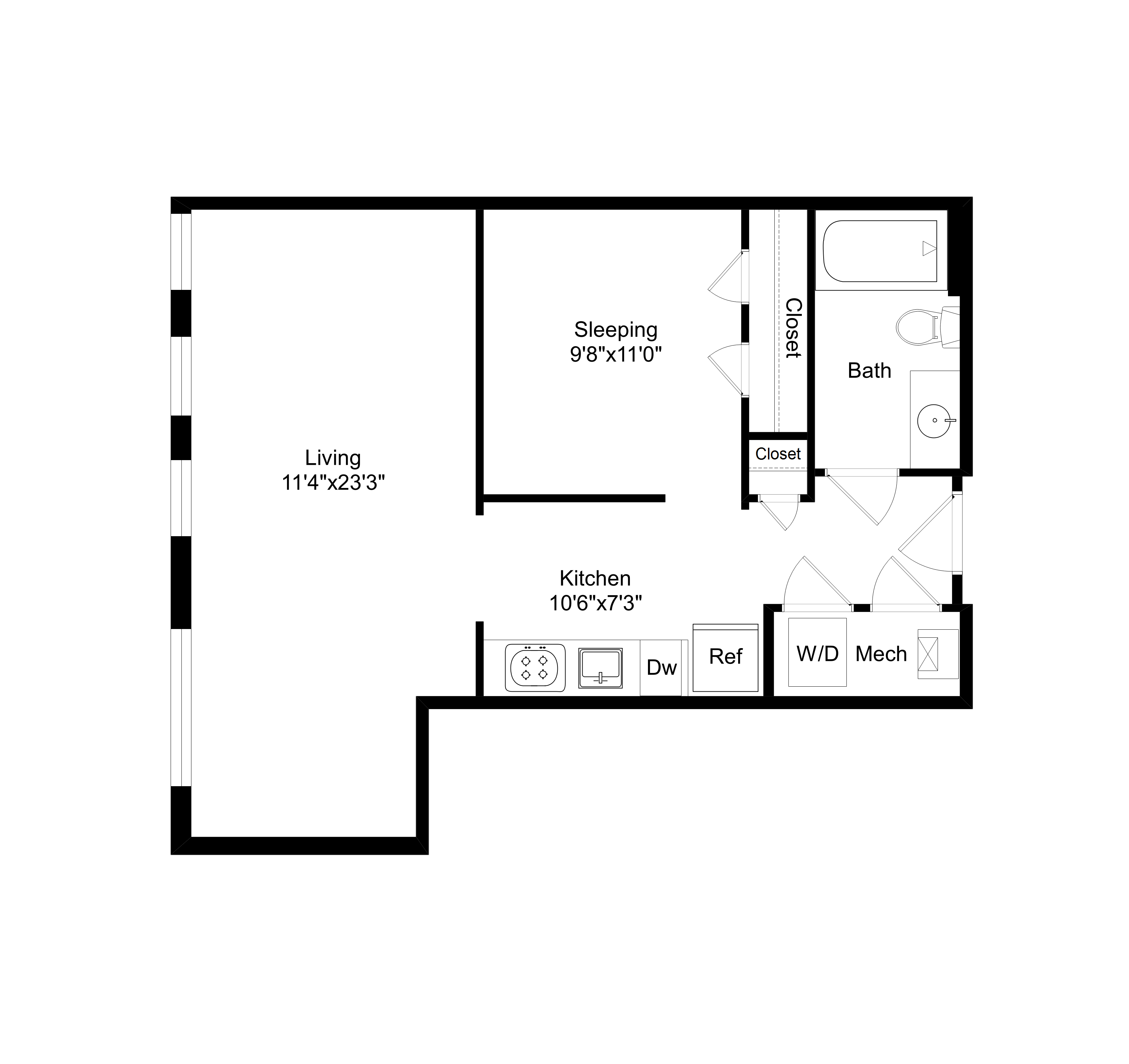 Floor plan for studio, 1 bath, 611 sqft
