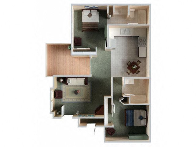 Floor plan for 2 beds, 2 baths, 895 sqft