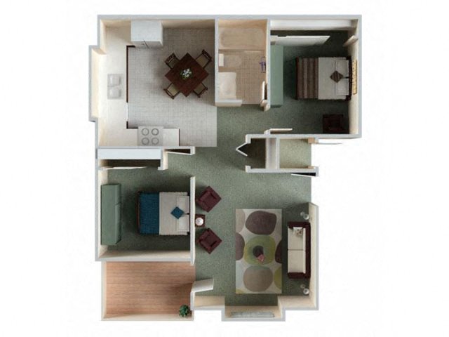 Floor plan for 2 beds, 1 bath, 795 sqft