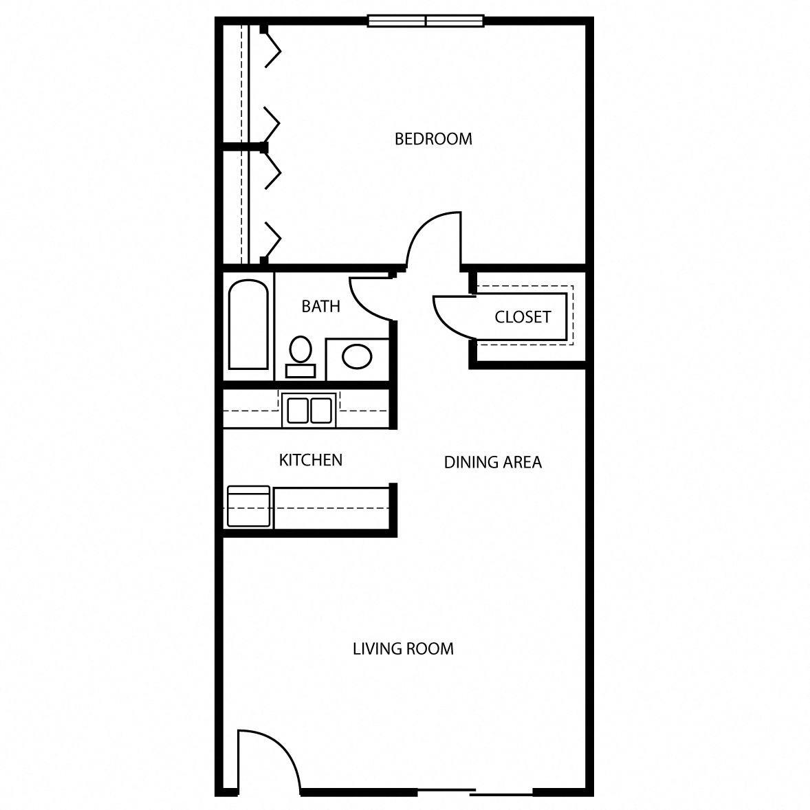 Floor plan for 1 bed, 1 bath, 705 sqft