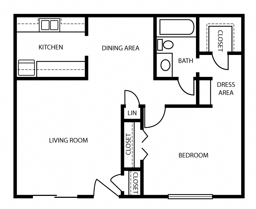 Floor plan for 1 bed, 1 bath, 750 sqft