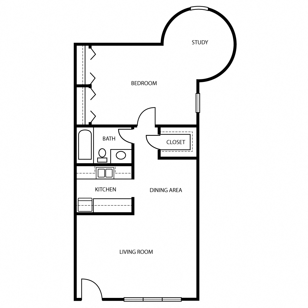 Floor plan for 1 bed, 1 bath, 761 sqft