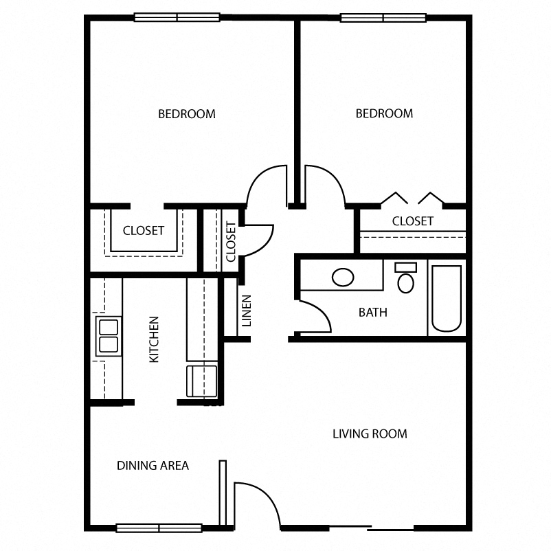 Floor plan for 2 beds, 1 bath, 840 sqft