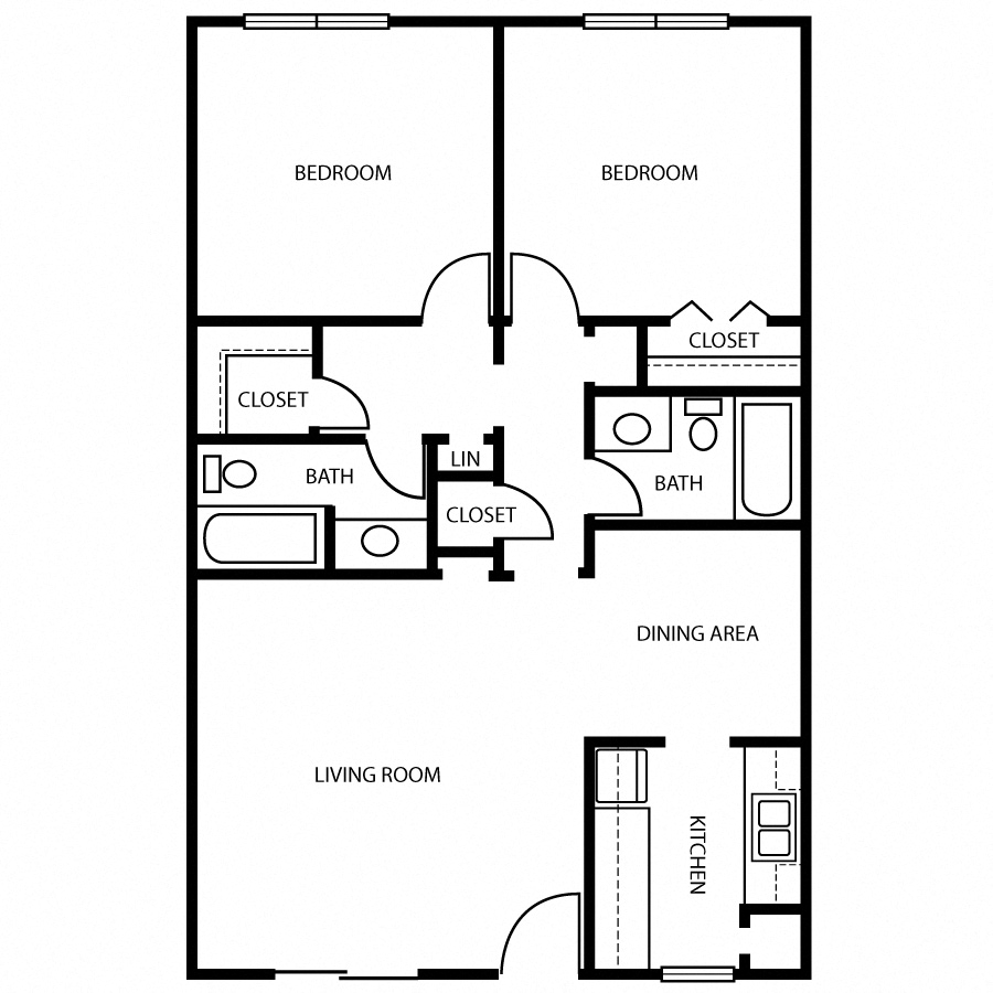 Floor plan for 2 beds, 2 baths, 1000 sqft