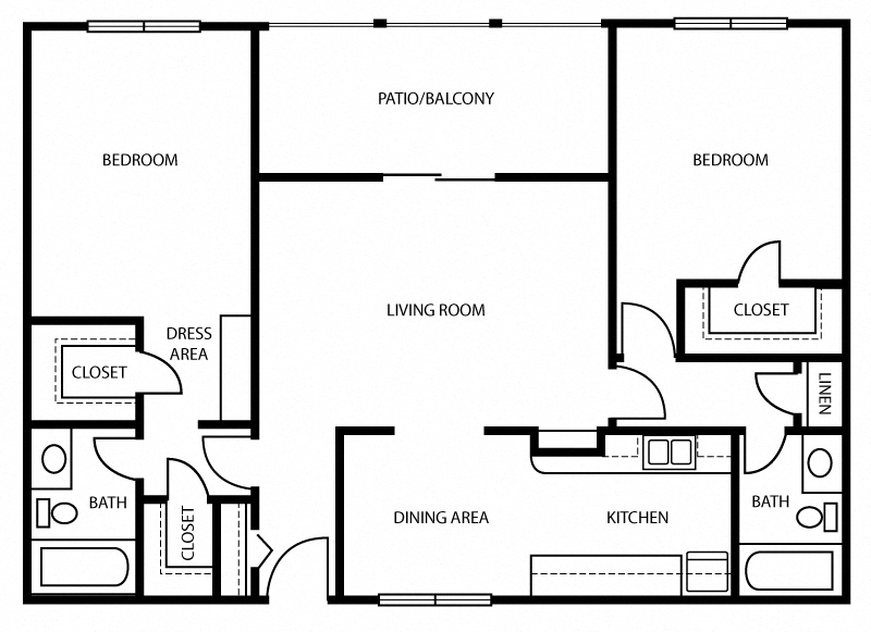Floor plan for 2 beds, 2 baths, 1154 sqft