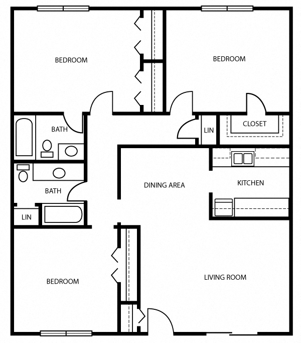 Floor plan for 3 beds, 2 baths, 1284 sqft