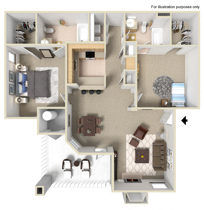 Floor plan for 2 beds, 2 baths, 1015 sqft