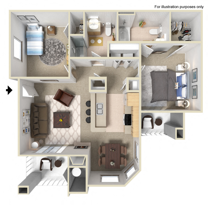 Floor plan for 2 beds, 2 baths, 919 sqft