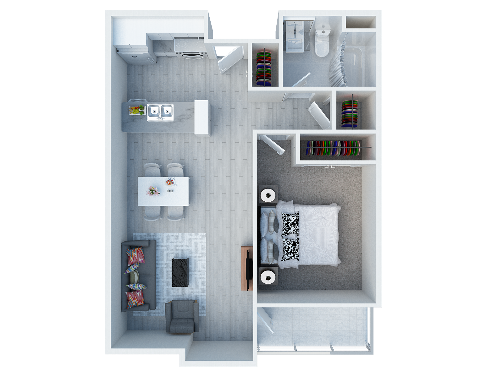 Floor plan for 1 bed, 1 bath, 608 sqft