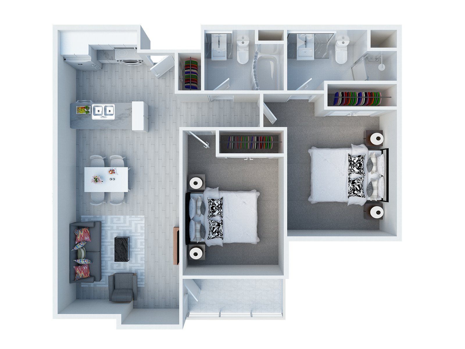 Floor plan for 2 beds, 2 baths, 796 sqft