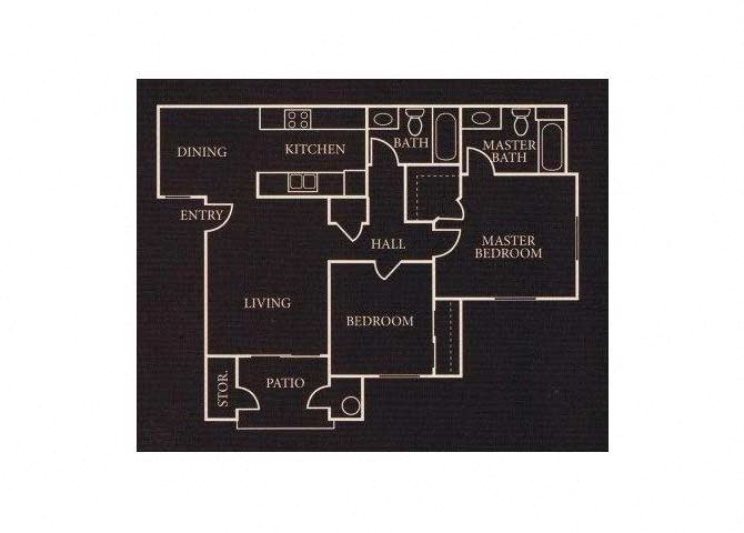 Floor plan for 2 beds, 2 baths, 911 sqft