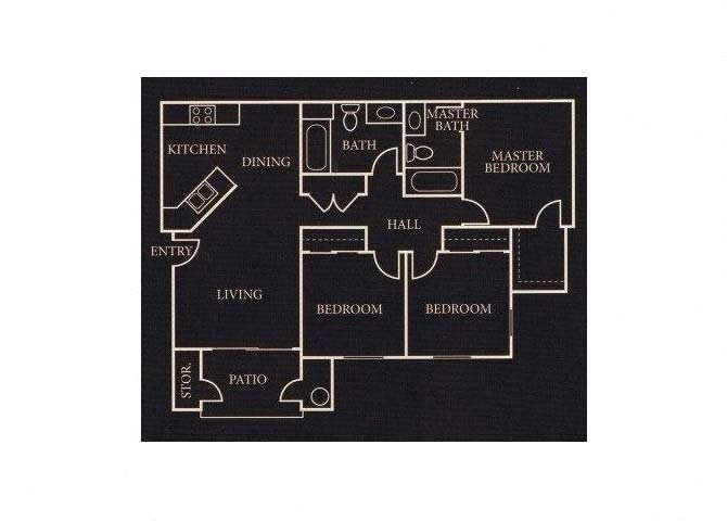 Floor plan for 3 beds, 2 baths, 1075 sqft