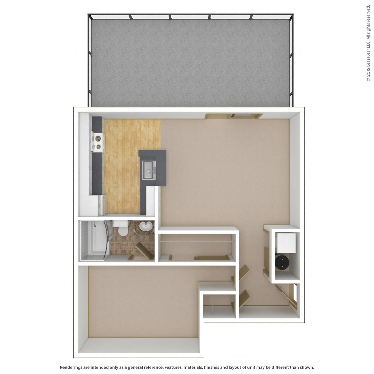 Floor plan for 1 bed, 1 bath, 557 sqft