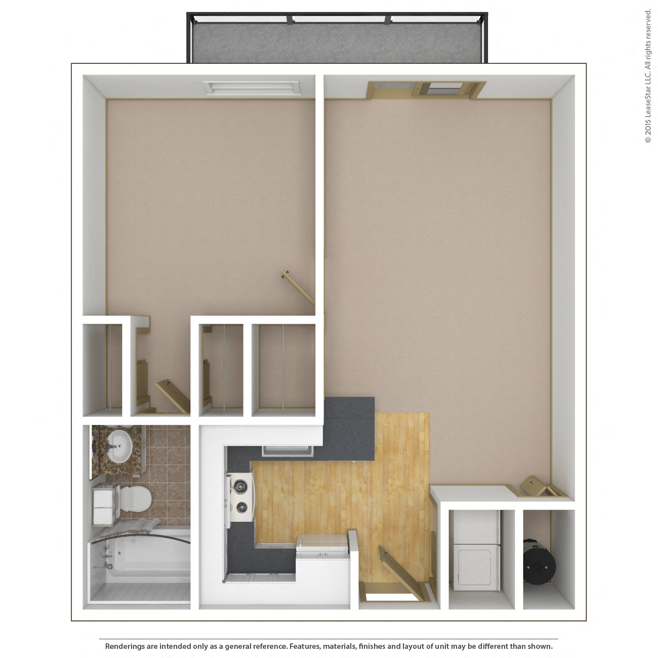 Floor plan for 1 bed, 1 bath, 598 sqft