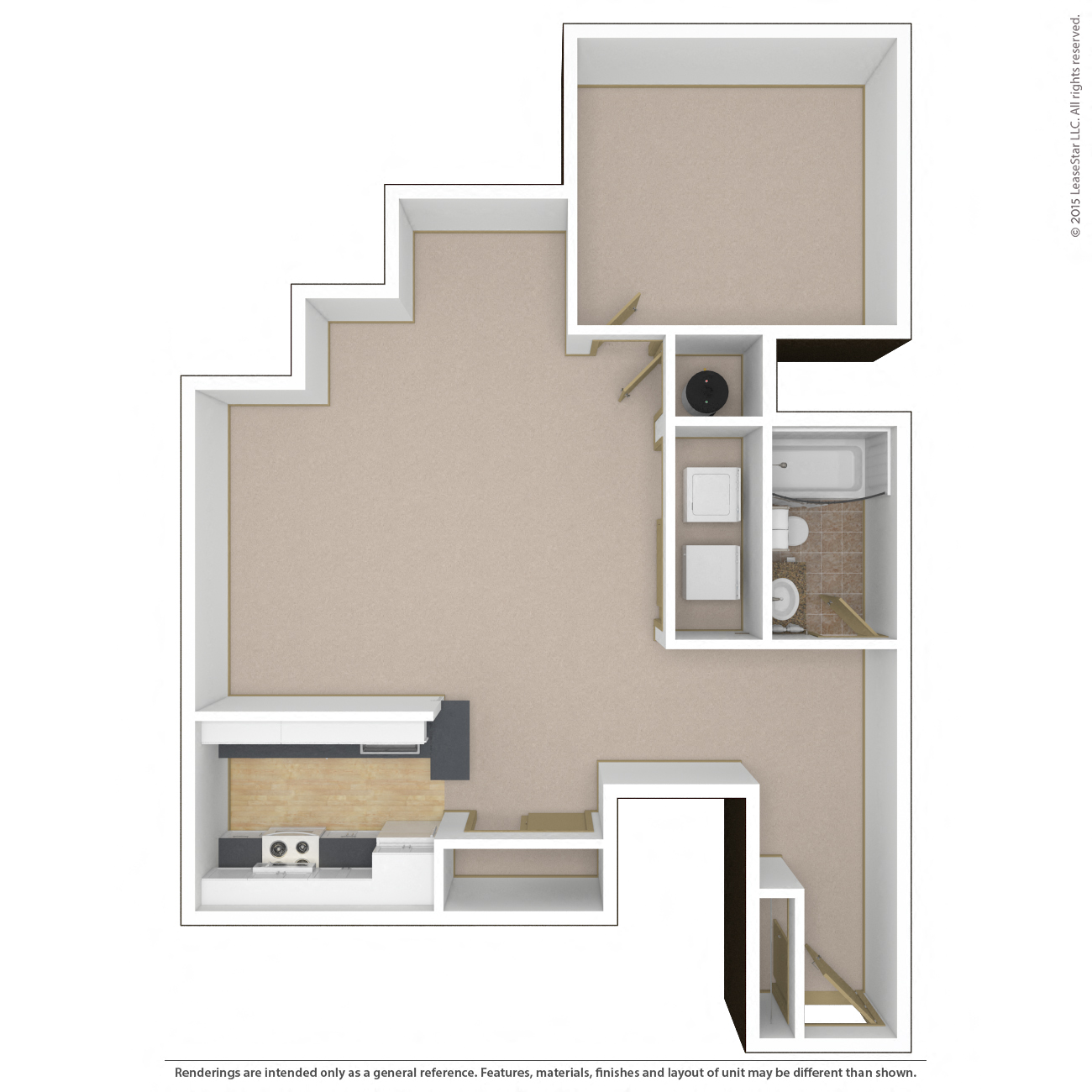 Floor plan for 1 bed, 1 bath, 642 sqft