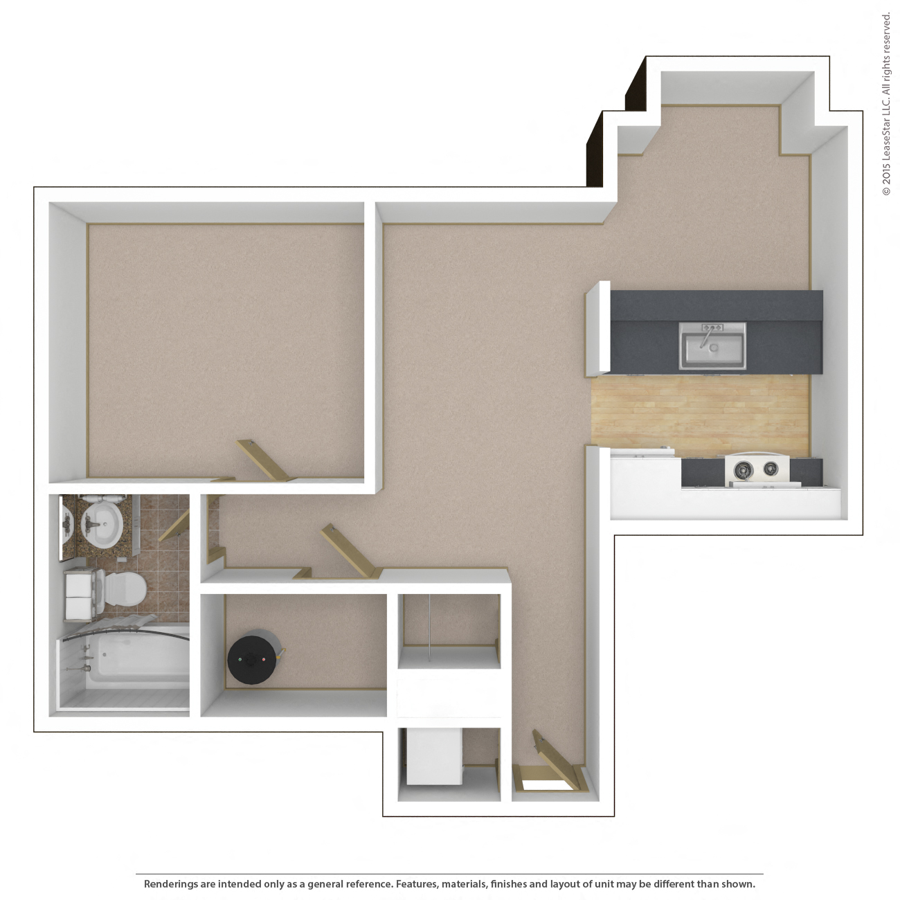 Floor plan for 1 bed, 1 bath, 642 sqft