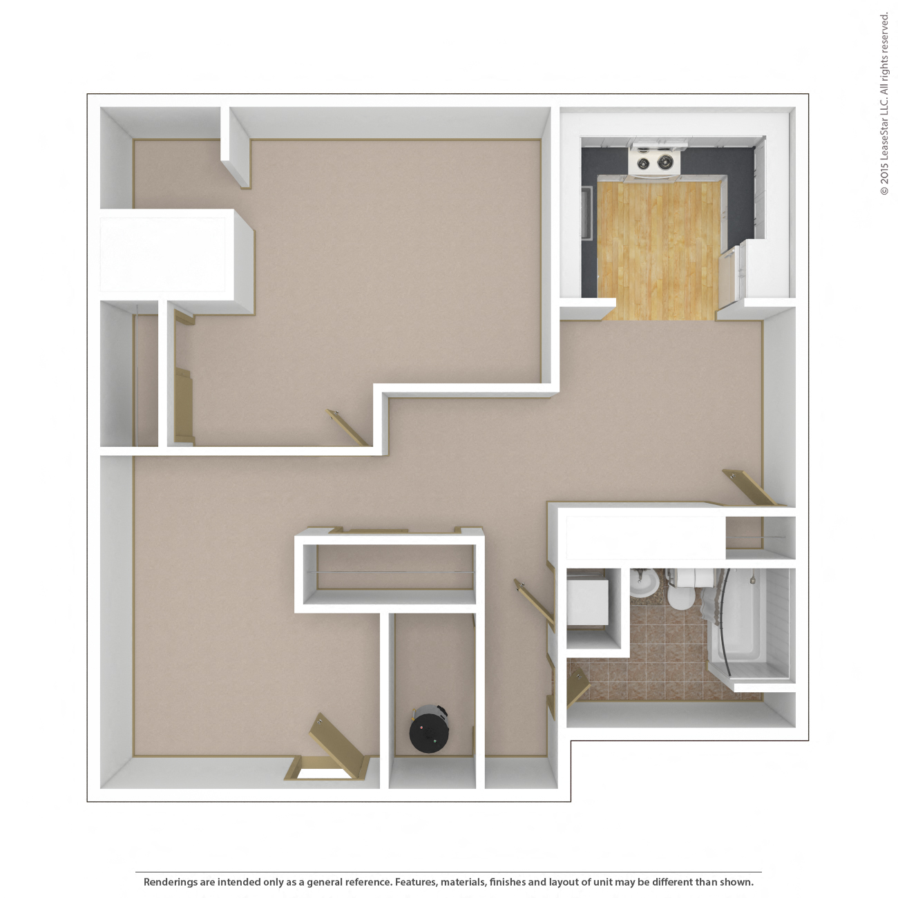 Floor plan for 1 bed, 1 bath, 642 sqft