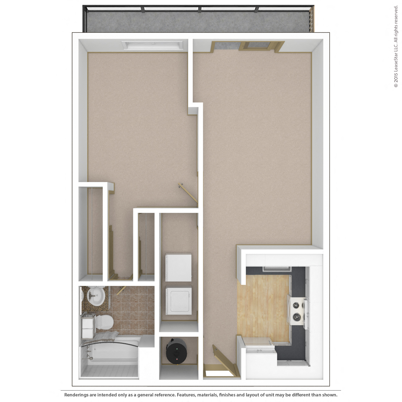 Floor plan for 1 bed, 1 bath, 660 sqft