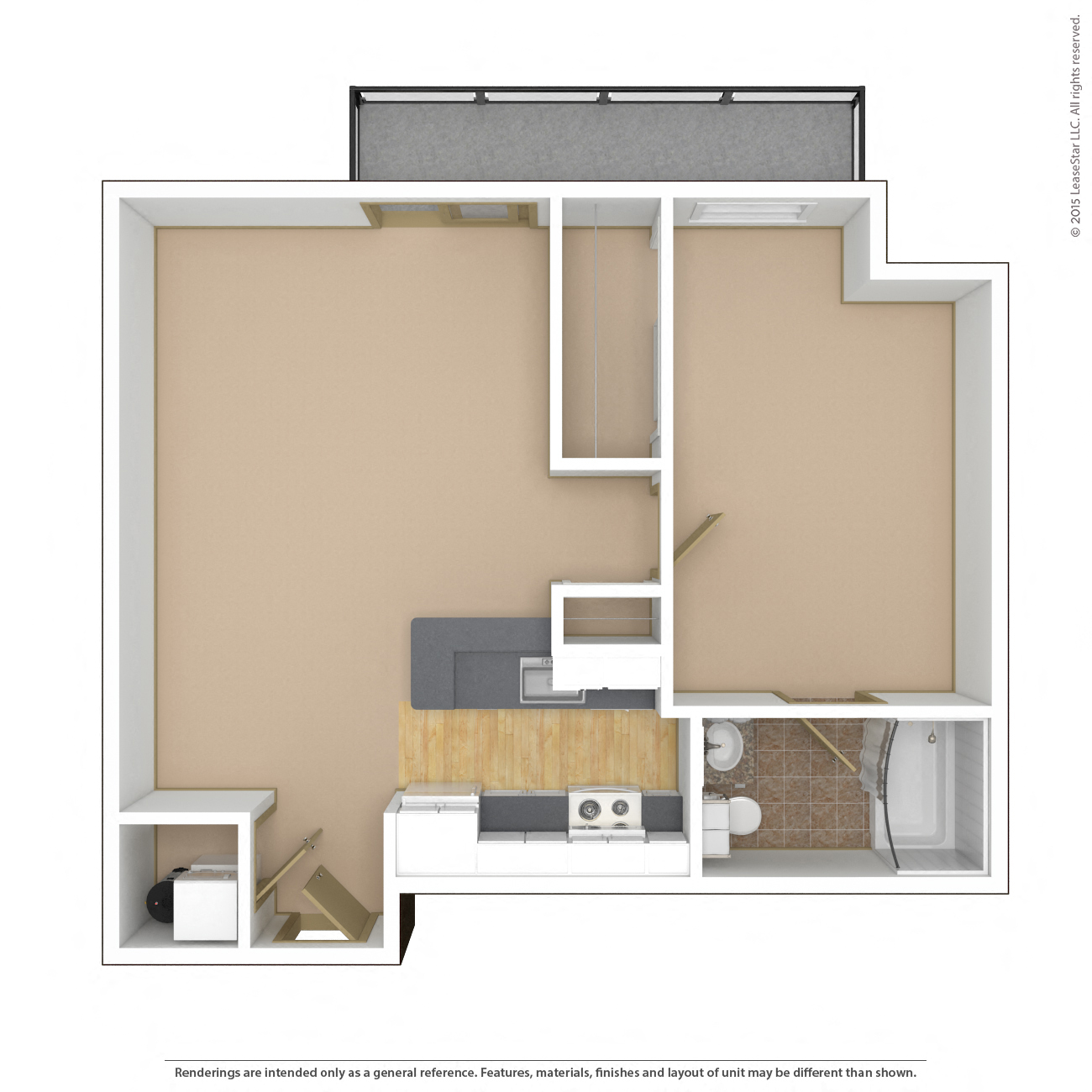 Floor plan for 1 bed, 1 bath, 660 sqft