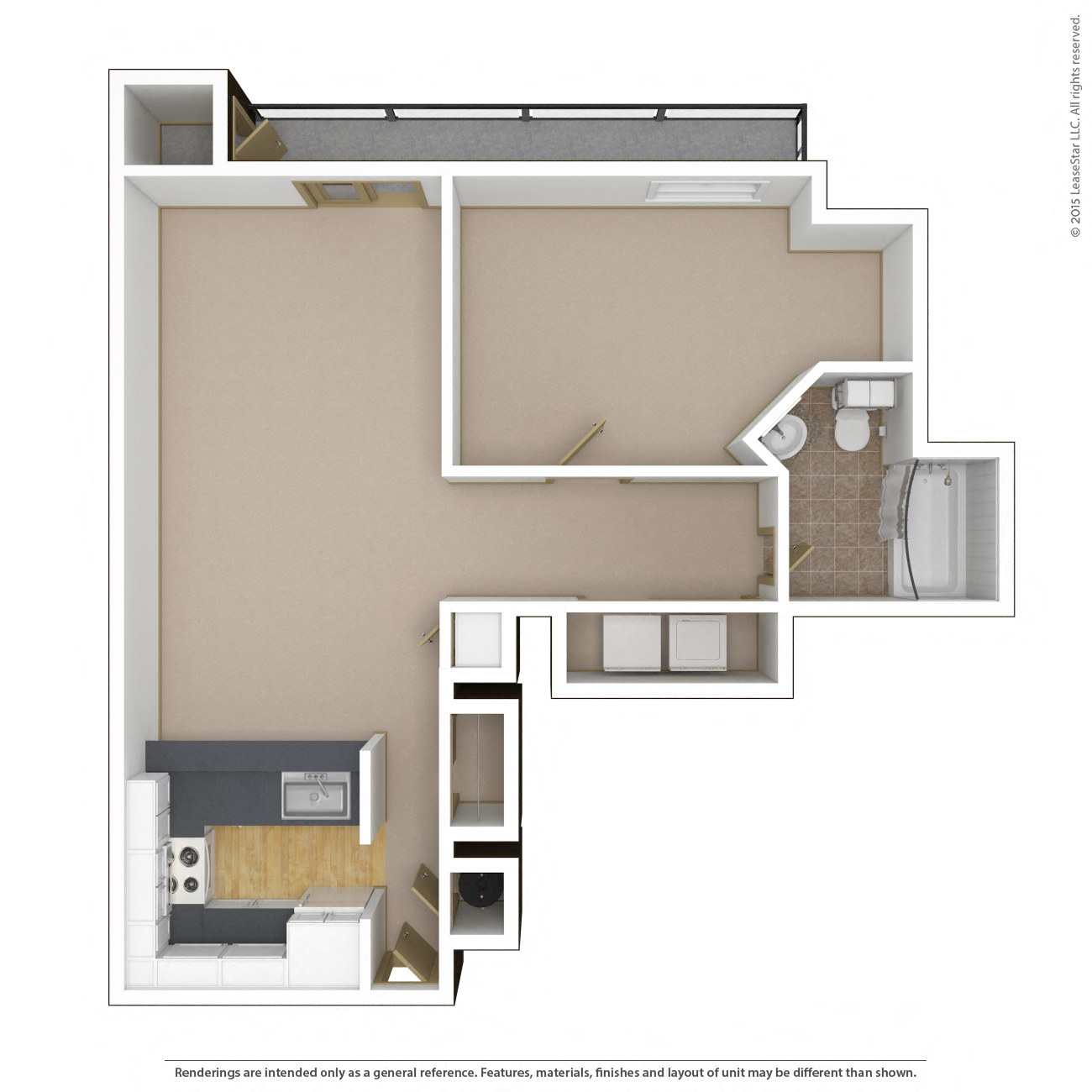 Floor plan for 1 bed, 1 bath, 695 sqft